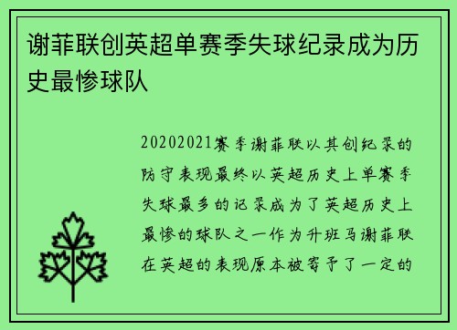 谢菲联创英超单赛季失球纪录成为历史最惨球队