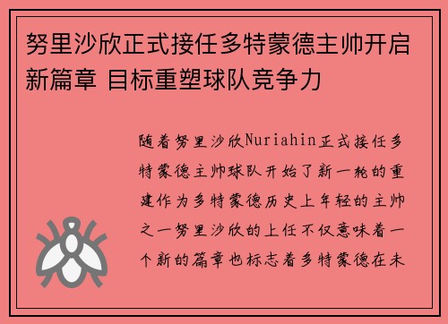 努里沙欣正式接任多特蒙德主帅开启新篇章 目标重塑球队竞争力