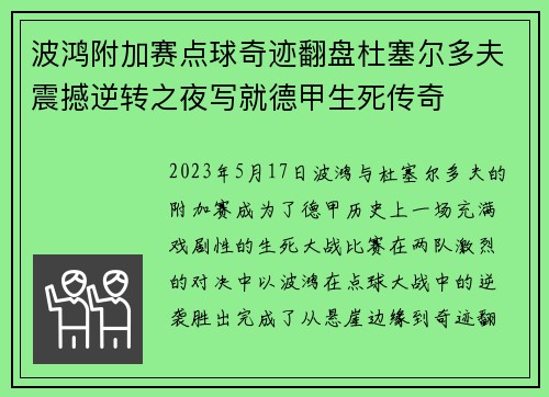 波鸿附加赛点球奇迹翻盘杜塞尔多夫震撼逆转之夜写就德甲生死传奇