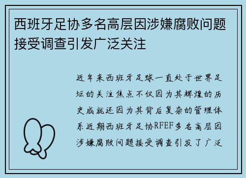 西班牙足协多名高层因涉嫌腐败问题接受调查引发广泛关注 西班牙足协多名高层因涉嫌腐败问题接受调查引发广泛关注
