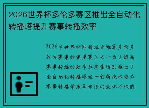 2026世界杯多伦多赛区推出全自动化转播塔提升赛事转播效率